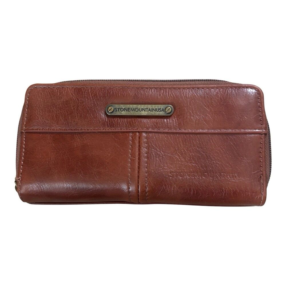 Stone Mountain USA Leather Zip Around Double Compartment Wallet Brown 7.5” Women